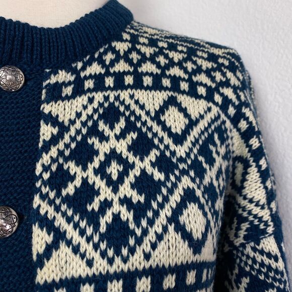 Norwegian Winter Wool Cardigan Sweater XL 52 Blue White Metal Buttons Fair Isle - Picture 4 of 12